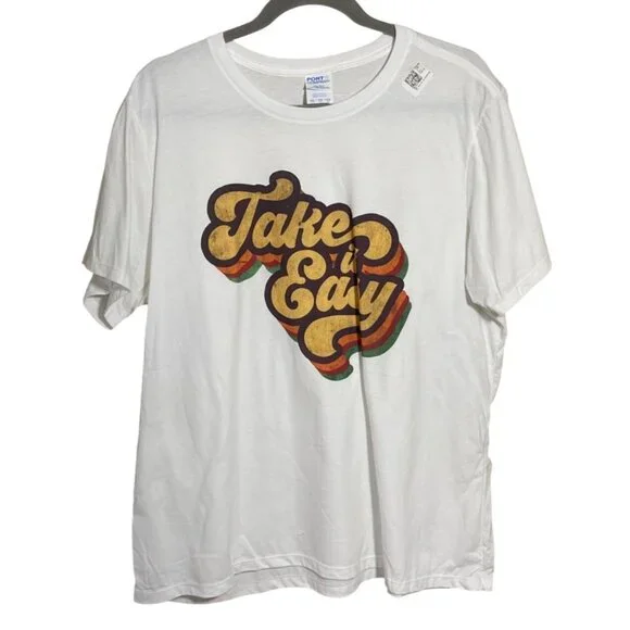 New Take It Easy Graphic T-Shirt White Yellow XXL Cotton Women's - Picture 1 of 6